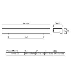 Plank Hardware Cabinetry 420mm (375mm CC) BLAKE Closet Bar Handle - Brass