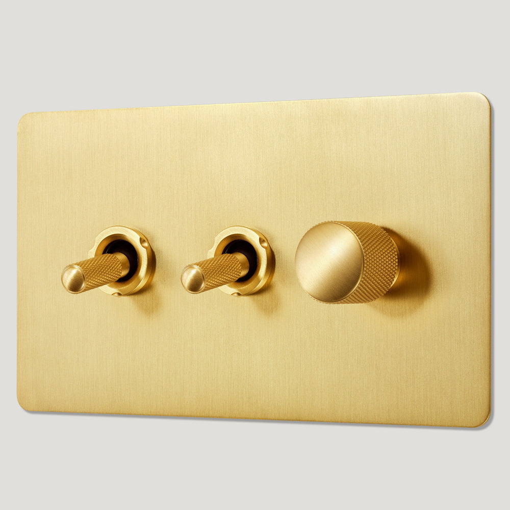 KEPLER 3G Knurled Mixed Light Switch 2 Toggle / 1 Dimmer - Brass