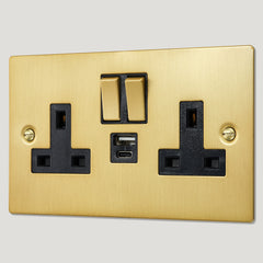 Plank Hardware Electric USB Plug Socket (Black Insert) SYLVIE Double USB Plug Socket - Brass (Black Insert)