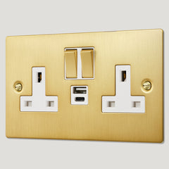 Plank Hardware Electric USB Plug Socket (White Insert) SYLVIE Double USB Plug Socket - Brass (White Insert)