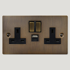 Plank Hardware Electric SYLVIE Double USB / USB-C Plug Socket  - Antique Brass (Black Insert)